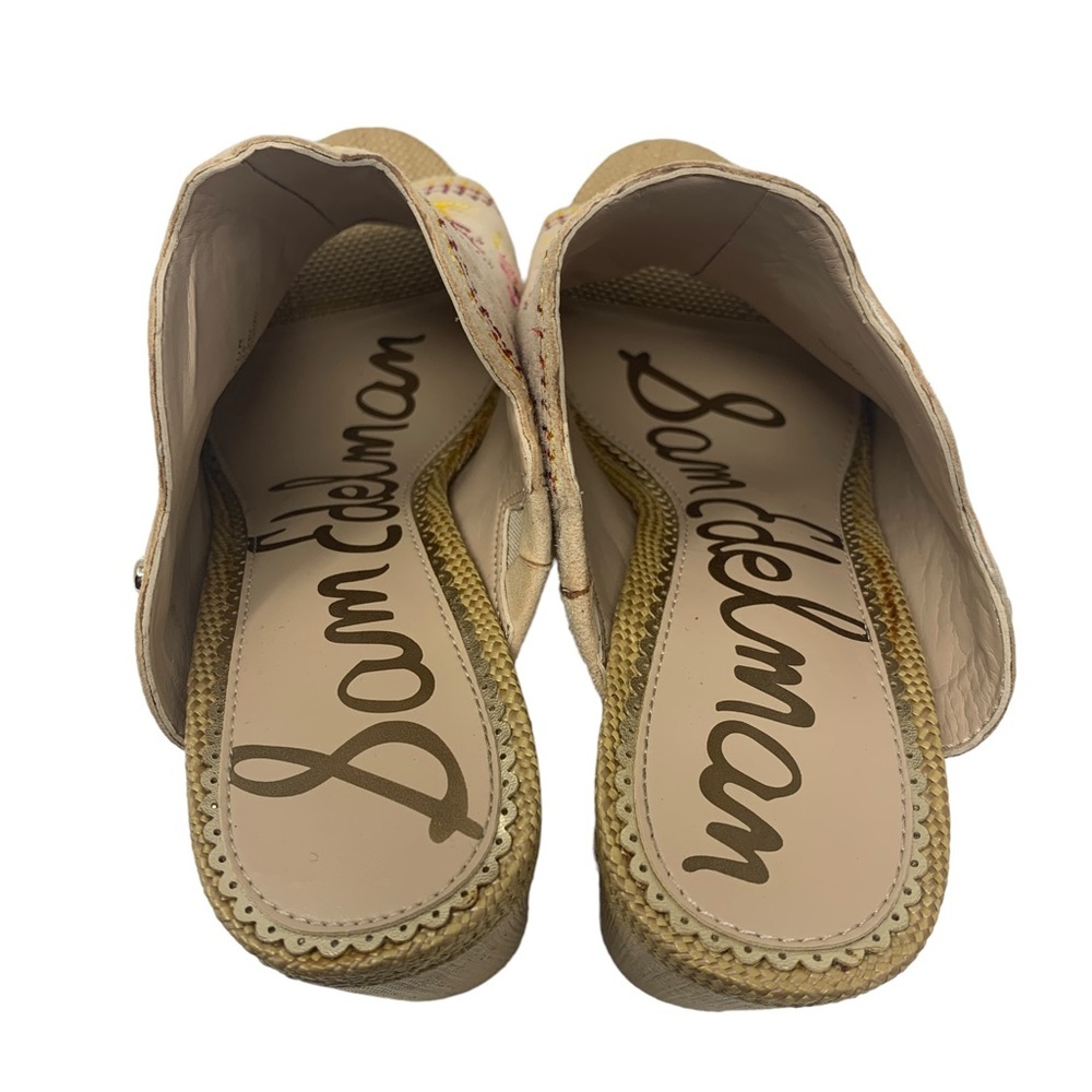Sam Edelman Beige Boho Embroidered Floral Block Heel Mules Peep Toe “Olive” - Picture 10 of 15